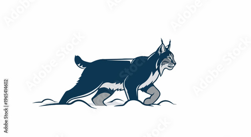 A stylized, blue and gray lynx walks through snowy terrain