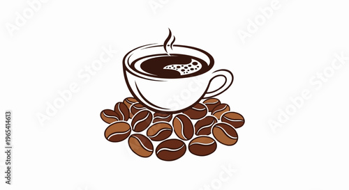 A steaming cup of coffee rests on a pile of coffee beans