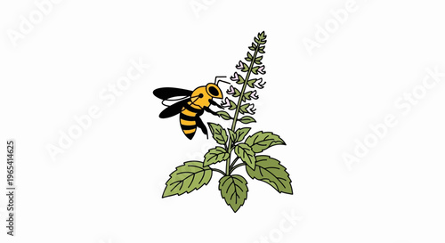 A stylized illustration of a bee collecting nectar from a flowering plant