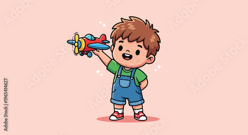 Happy Little Boy Playing with Toy Airplane Vector Illustration.