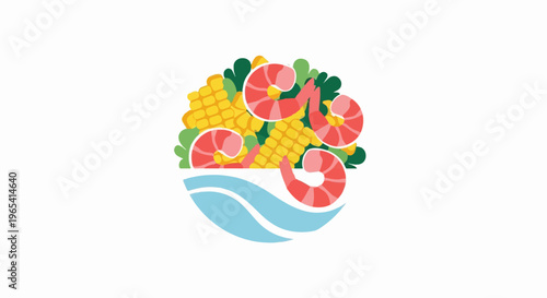 A stylized, colorful illustration of a seafood and corn dish