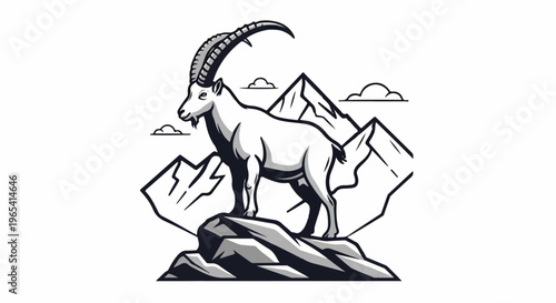 A stylized ibex stands proudly on a rocky peak amidst jagged mountains