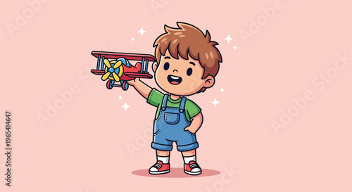 Happy little boy playing with a toy airplane.