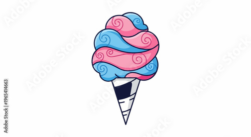 A whimsical, swirl-patterned candy floss cone in pink and blue