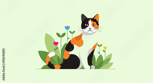 Adorable calico cat sits amongst stylized colorful flowers and green foliage