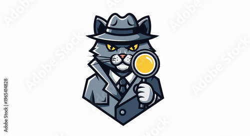 Anthropomorphic cat detective in trench coat and fedora with magnifying glass