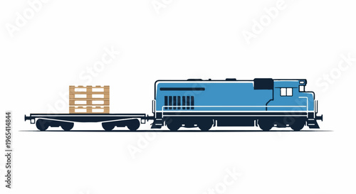 Blue diesel train hauls wooden pallets on a flatbed car