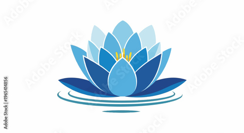 Blue lotus flower with yellow center floats on rippling water