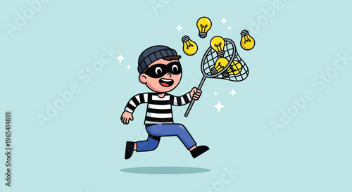 Thief stealing creative ideas with a net representing intellectual property theft.