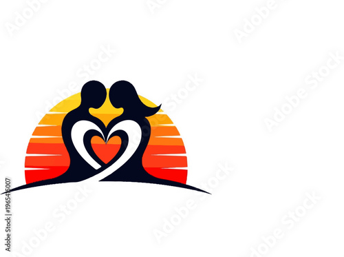 Couple silhouette against a sunset forms a heart symbol