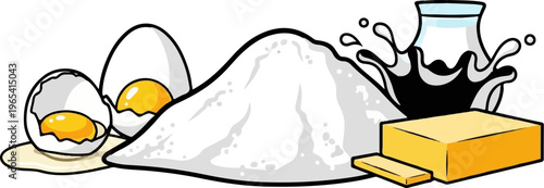 Cracked eggs, flour pile, milk splash, and butter blocks