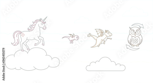 Enchanting mythical creatures, including a majestic unicorn, a playful dragon, and a wise owl, frolicking amongst whimsical clouds in a dreamlike sky