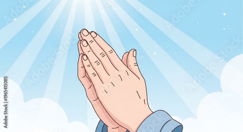 Hands clasped in prayer with sun rays shining through clouds symbolizing hope and spirituality