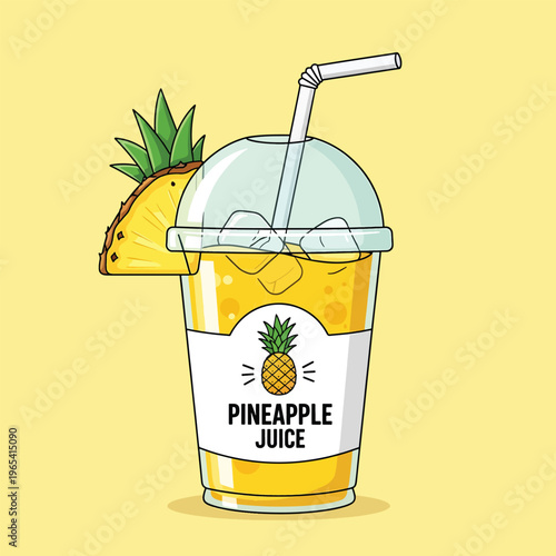 A vibrant cartoon illustration of a pineapple juice. A glass is filled with the yellow drink, adorned with ice and a white straw. A pineapple slice rests on the glass