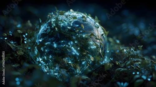 Glowing sphere rests in lush, dark foliage
