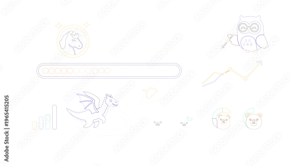 Fototapeta premium Whimsical vector graphics featuring a dragon, unicorn, owl, and pandas, symbolizing imagination and growth