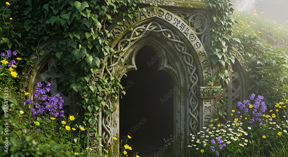 Fototapeta premium Ancient stone archway entrance covered in ivy and moss surrounded by wildflowers in a mystical garden setting creating an enchanting scene