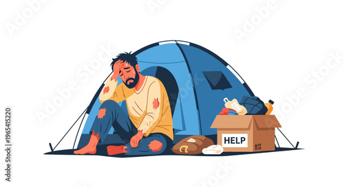 Illustration of a homeless man sitting in a blue tent with a help box