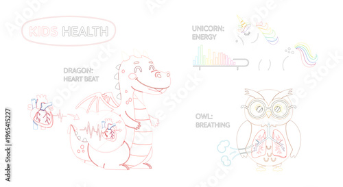 Whimsical cartoon illustrations explaining fundamental biological processes and body functions using mythical creatures, perfect for children's health education and engaging scientific learning