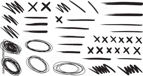 Vector set of grungy graphic elements. Street art texture hand drawn pencil underlines and strikethrough, scribble emphasis lines, crazy hatches, ovals and crosses.