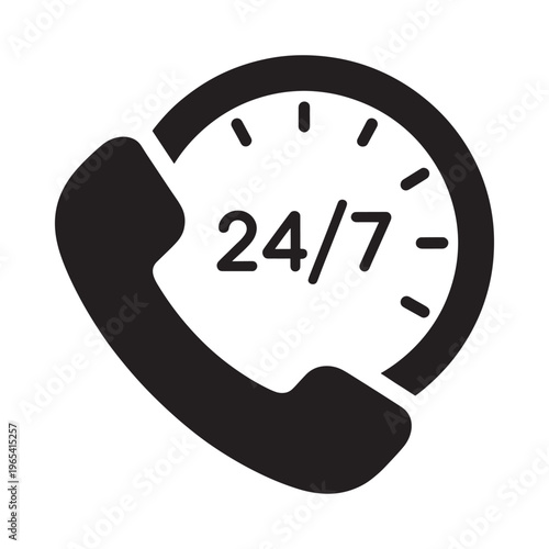A black icon depicting a telephone receiver combined with a clock showing 24 7
