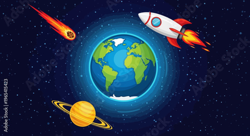 Digital illustration of a rocket ship orbiting the Earth with planets and a comet in a starry night sky