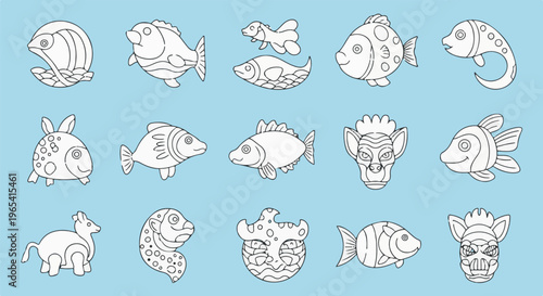 Collection of whimsical sea creatures, a playful assortment of marine life