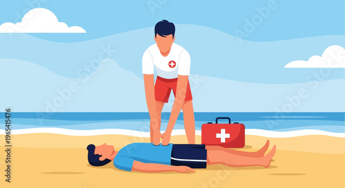 Lifeguard performing CPR on a person lying on the beach with a first aid kit nearby.
