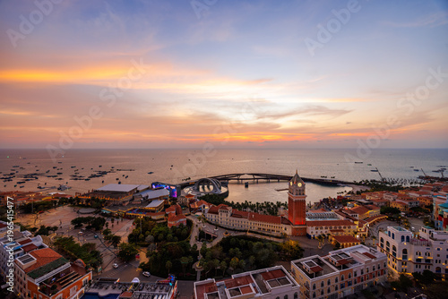 Colorful sunset over Sunset Town Phu Quoc coastline