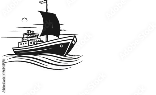 A stylized black and white illustration of a ship sailing on wavy water