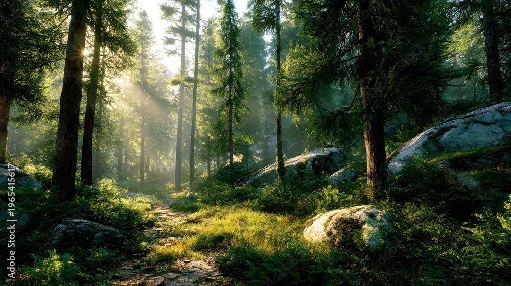 Obraz premium Sunlight filters through tall, lush evergreens