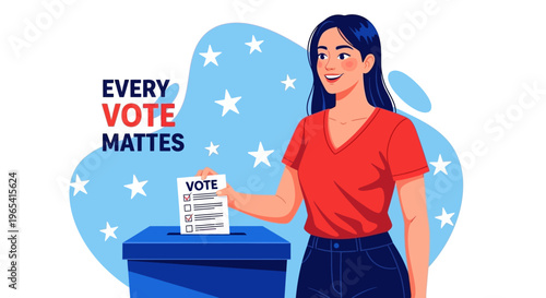 Illustration of a woman casting a ballot into a box with the phrase 'EVERY VOTE MATTERS' in a colorful, starry background.