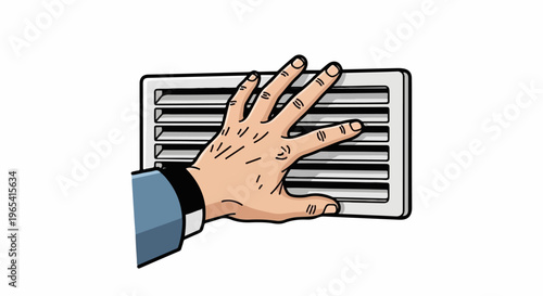 Hand covering a ventilation grate with a blue sleeve visible