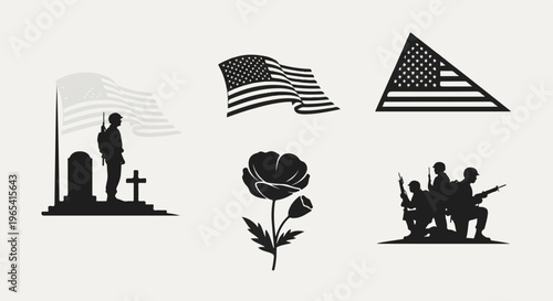 Silhouettes of soldiers, flags, poppy, and grave marking on a pale background