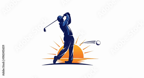 Silhouette of a golfer in mid-swing against a radiant sunrise on a golf course