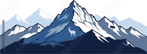 Majestic snow-capped mountains dominate a stark blue and white landscape with two goats
