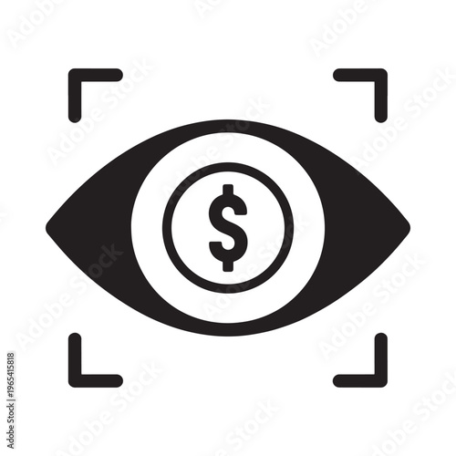An eye with a dollar sign in the pupil framed by focus squares