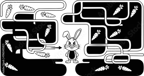 Cartoon maze features an angry rabbit seeking carrots