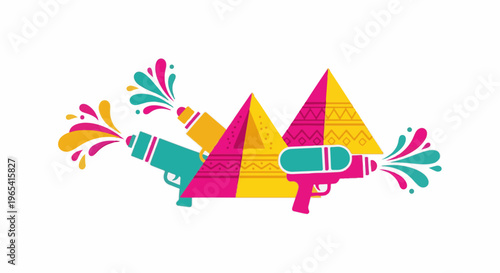 Colorful abstract shapes and playful squirt guns with vibrant splashes