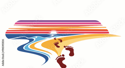 Colorful abstract sunset over ocean with footprints on beach