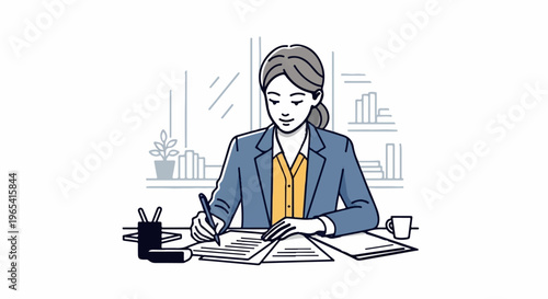 Professional woman working at desk with papers and coffee, focused