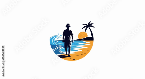 Person in hat walks on a tropical beach with ocean waves and sunset