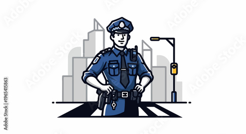 Cartoon police officer stands at a city crosswalk