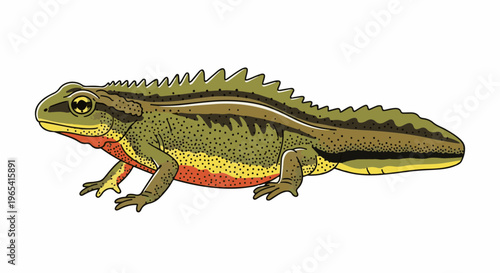 Colorful amphibian with yellow, orange, and green tones, and a spiky back