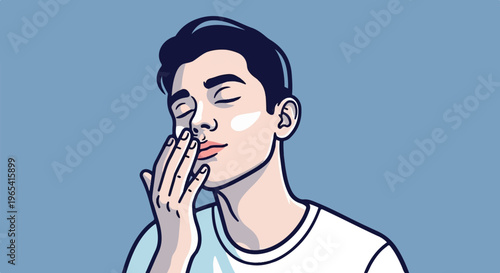 Person applying moisturizer to face, with eyes closed