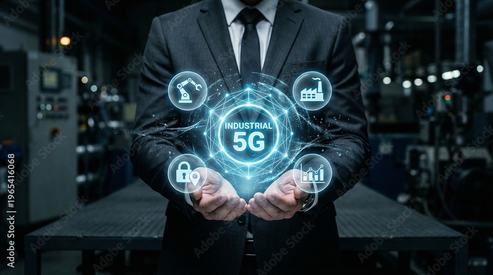 Fototapeta premium A businessman in a suit holds a glowing 5G industrial icon in a factory setting