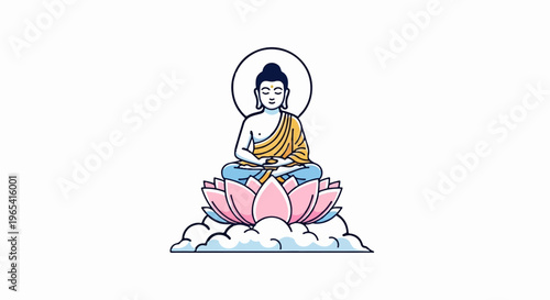 Peaceful meditating figure on lotus flower surrounded by clouds and halo