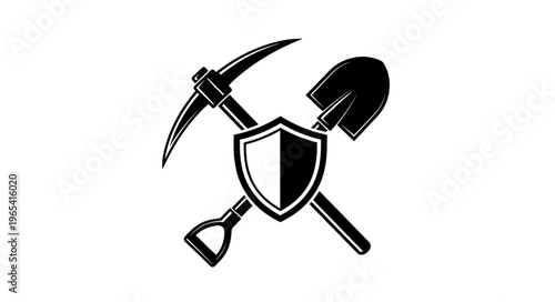 Protective Mining Emblem - Shield, Pickaxe, and Shovel Symbol.