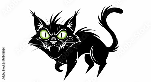 Spooky black cat with glowing green eyes, sharp teeth, and bristling fur