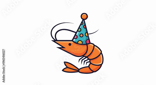 Cheerful cartoon shrimp wearing a festive party hat, isolated on white